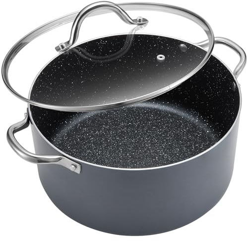 BEZIA 6 Quart Cooking Pot, Non Stick Induction Stock Pots with Lid, All Stove Compatible, 6 QT Aluminum Soup/Stew Pot For Small Households, Grey