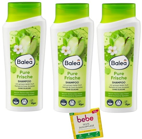 3x Balea Pure Frische Shampoo + 1x Bebe festeDuschpflege | 3x 300ml | mit grünem Apfelduft | ohne Silikone