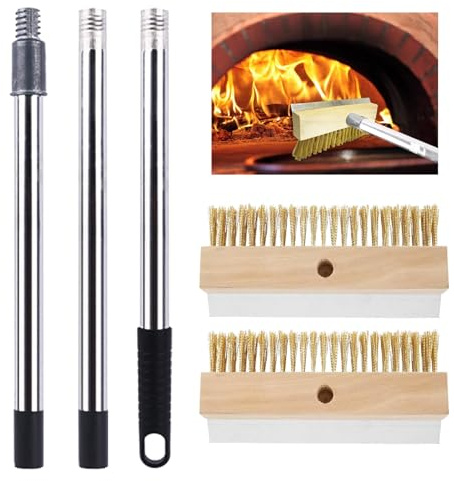 Pizza Oven Cleaning Brush Pizza Stone Brush | Commercial Pizza Oven Brush Accessories 2Pcs Brass Wire Brushes with Scraper & 1.2M Handle for Cleaning Pizza Oven