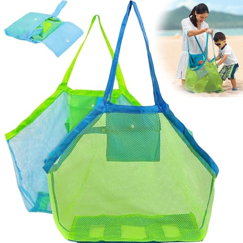 YUNYU 2 Stück Strandspielzeug Tasche Set - Premium Sandspielzeug Aufbewahrungstasche mit Netz, Langlebig Faltbar Sandkasten Spielzeug Netz Tasche für Familienurlaub, Outdoor & Strandurlaub