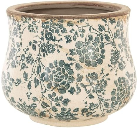 Dibor Indoor Plant Pot Blue Botanical Floral Print Ceramic Jardinière Planter with Distressed Effect Finish Watertight Cachepot Vintage Victorian Style Houseplant Pot Windowsill Herb Planter (Medium)