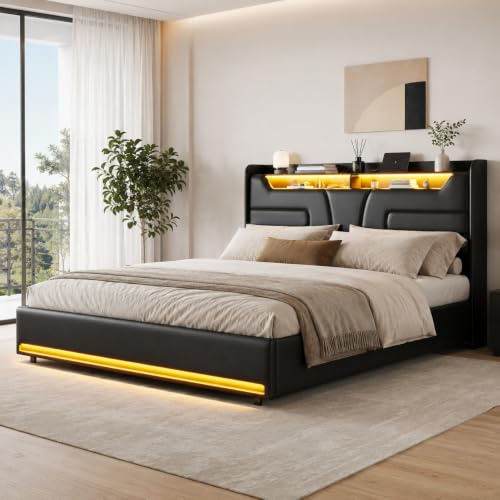 BRILVERDE Polsterbett 160x200 mit Stauraum, Doppelbett mit LED und USB, Jugendbett mit Kopfteil, Hydraulisch Stauraumbett, Bettgestell mit Lattenrost, Funktionsbett, PU (Schwarz, 160 x 200 cm)