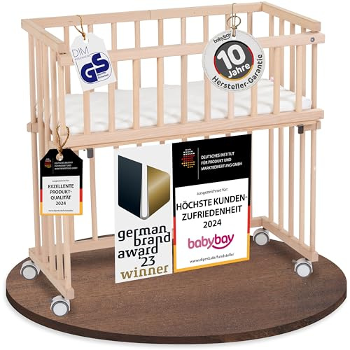 babybay Midi Beistellbett, Natur unbehandelt, mit Matratze, Gitter und Rollen