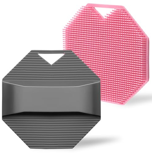 2 Pcs Silicone Body Scrubber - Exfoliating Shower Scrubber - Silicone Loofah with Anti-Slippery Handle for Men and Women(Gray and Pink)