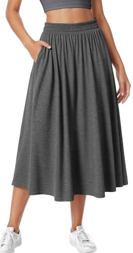 Adigau Jupes pour Femmes Jupe Mi-Longue Haute Taille Élégante Jupes de Sport Décontractée Unie avec Poches A-Ligne Jupe Plissée Taille Élastique
