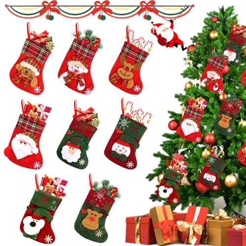 Huanmin 8 Stück Nikolausstrumpf, Weihnachtsstrumpf Set, Geschenkbeutel Nikolausstiefel zum Aufhängen & Befüllen, Weihnachtssocken Dekoration für Weihnachtsbäume, Treppen, Kamine (A)