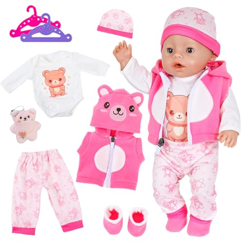 8 Pcs Sweet Doll Clothes for 14-18 Inch Baby Dolls, 35-45cm Pink Bear Baby Doll Outfits with Onesie Trousers Hat Hooded vest Shoes Teddy bear 2 Hangers, Baby Doll Accessories for Kids Birthday