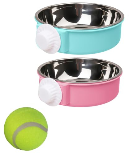 2 cuencos colgantes extraíbles 2 en 1 para jaula y jaula, cuencos de comida y agua para perros y gatos, 13 cm/600 ml, comedero ajustable para mascotas, 1 pelota de tenis
