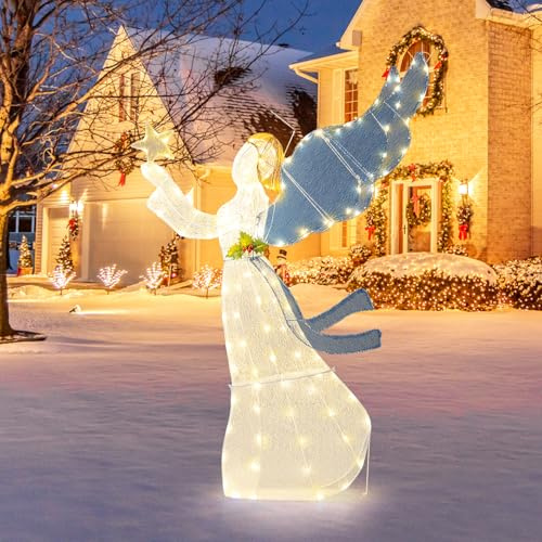 GYMAX 152 cm beleuchteter Weihnachtsengel, groß Weihnachtsdeko Engel mit 126 warmweiße LED-Lichter, Stern, Heiligenschein & Flügeln, Weihnachtsbeleuchtung außen Figuren für Zuhause, Garten & Rase