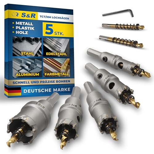 S&R Sierra corona Metla. Juego 5 Sierra perforadora para metal 16/20/22/25/30 mm. Corona perforadora en Cobalto 5% con Brocas de guya