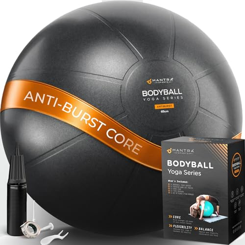 MANTRA SPORTS Gymnastikball – Sitzball, Pilates Ball für Büro & Rückentraining, Balance Ball für Yoga, Anti-Burst mit Pumpe, Schwarz - 65cm