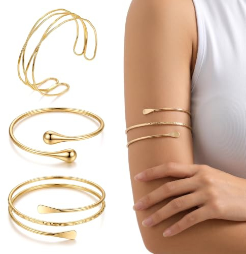 Lot de 3 Bracelet Bras Femme Or - Bracelet Jonc Ouvert Ajustable en Acier Inoxydable - Manchette Bras Bijoux Fantaisie pour Femme et Fille - Style Bohème Chic