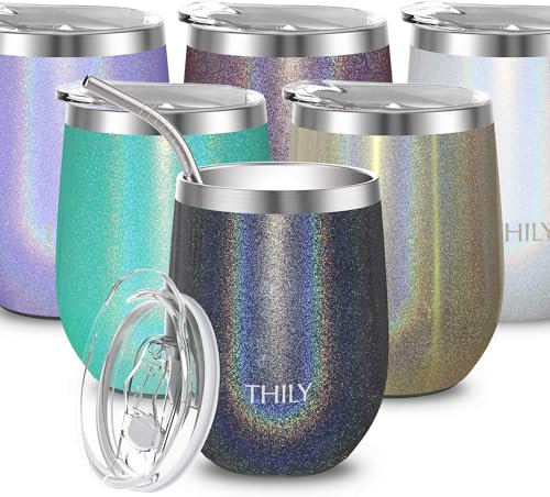 THILY Gobelet à vin isotherme en acier inoxydable de 355 ml avec couvercle et paille – Tasse de voyage sans pied pour café, bière, vin – Boissons chaudes/froides – Gris pailleté