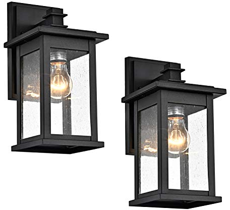 MICSIU 2-Pack Black Outdoor Wall Sconce, 12-Inch Modern Square Exterior Light Fixtures with Clear Seedy Glass, Anti-Rust Waterproof Outside Wall Mount Lantern for House, Porch, Garage, E26 Base