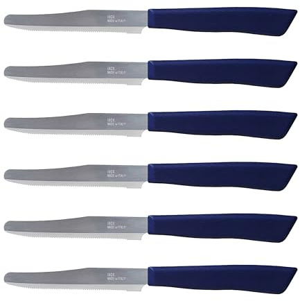 Tredoni 6 Küchenmesser - 11cm Italienischer Edelstahl Gezahnt Gemüse/Steak/Tisch Messerbesteck, abgerundete Spitze (Blau) | Mehrzweck-Gemüse-/Steak-/Tafelmesser, italienisches Besteck, ultrascharfe Edelstahlklinge, unverformbarer Kunststoffgriff