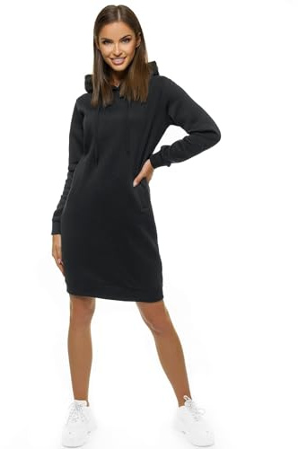 OZONEE Damen Hoodie Kapuzenpullover Lang Sweatjacke Sweatkleid Winterkleid Herbstkleid Kleid Sweatshirt Sweatshirtkleid Kapuzenjacke Kapuzenpulli Kapuze Langarm Sport JS/YS10005/3 SCHWARZ M