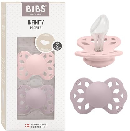 BIBS Infinity Anatomical Soother 2-Pack, BPA Free, Orthodontic Silicone Nipple, Orthodontic Nipple. Silicone, Made in Denmark, 6-18 Months (Pack of 2), Blossom/Dusky Lilac