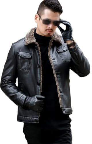 Herbst Winter Männer Echtes Schaffell Leder Jacken Fleece Motorrad Jacke Mäntel, Schwarz , XL