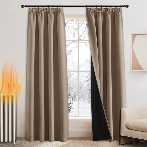 PONY DANCE Lichtundurchlässige Vorhänge für Schienensystem Schlafzimmer Gardinen Blickdicht 2er Set H 245 x B 140 cm Doppellagige Thermovorhänge Kälteschutz mit Kräuselband, Cappuccino