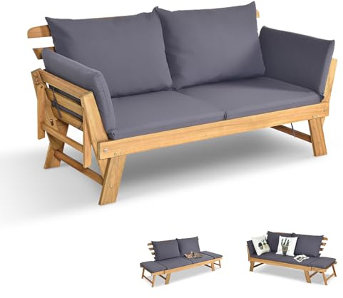 GOPLUS Canapé Lit de Jardin Extensible 2 Places Charge 320 KG, Accoudoirs Réglables, Coussins & Dossier Amovibles, Cadre en Bois d’Acacia Massif, pour Terrasse, Balcon, Parc, Patio (Gris)