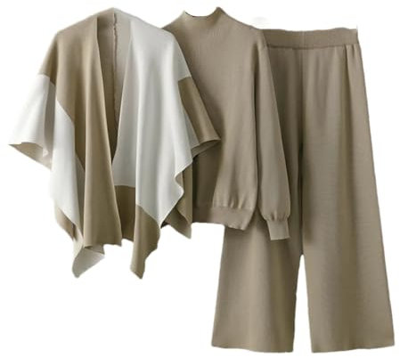 Dreiteiliges Strickset für Damen, Pullover + Strickschal + Hose mit weitem Bein, khaki, Einheitsgröße