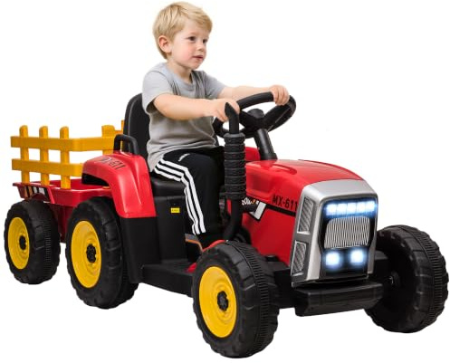 HOMCOM Tracteur Électrique avec Remorque Amovible 12V 3-6 km/h Rouge