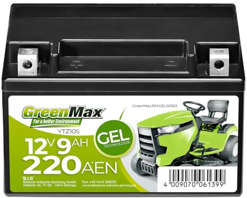 GreenMax Gel 50922 YTZ10S 12V 9Ah 220A/EN Rasentraktor Batterie Starterbatterie für Aufsitzmäher wartungsfrei