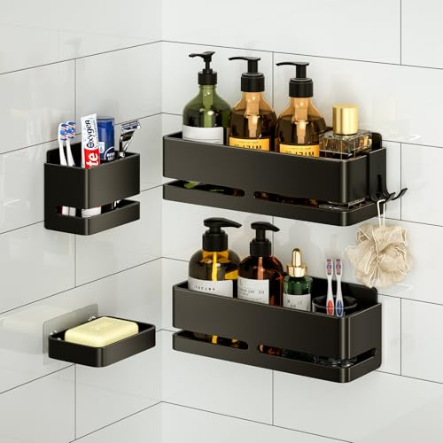 YESENT Badezimmer Aufbewahrungsregal 5er-Set, Grau duschkorb，ohne Bohren | Zwei Badezimmerregale, ein Zahnbürstenhalter und eine Seifenschale; multifunktionale Aufbewahrung; wasserfest und rostfrei.