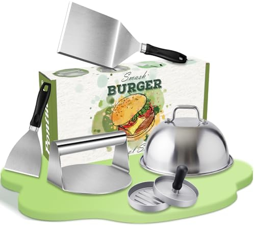 Set Smash Burger de 5 Piezas, Juego de espátulas de Acero Inoxidable para Plancha Teppanyaki, con espátula Ancha, Prensa para Hamburguesas, Campana de cocción espátula de ángulo, Regalo para Hombres