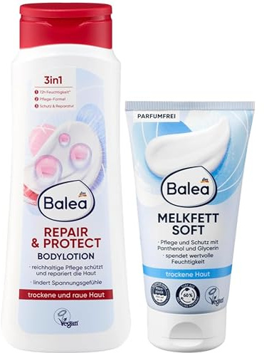 Balea 2er-Set Hautpflege für trockene Haut: Bodylotion Repair & Protect fördert Hautregeneration, stärkt Hautbarriere, 400 ml + Melkfett Soft Pflege, Schutz & Feuchtigkeit, parfumfrei, 150 ml (550 ml)
