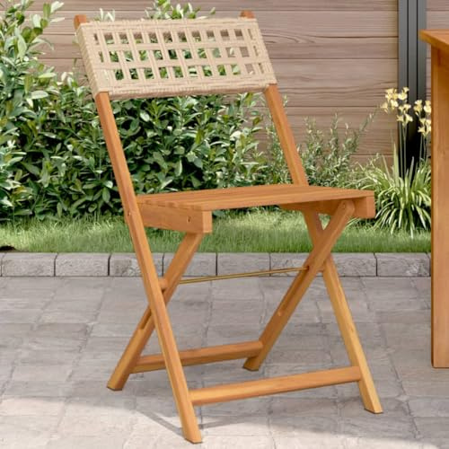 Holamys Bistrostühle 2er-Set, Beige, aus massivem Akazienholz und wetterfestem Poly-Rattan, klappbar, 41x52,5x80 cm, für Garten, Terrasse und Balkon, 110 kg Tragkraft
