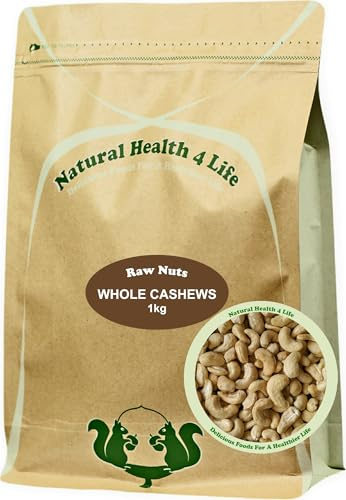 Natural Health 4 Life Whole Raw Cashew Nuts 1kg – Plant-Based, Vegan, Gluten-Free Raw Nuts – High in Protein – Ideal for Cooking, Baking and Snacking – Packed in Resealable Pouch (1 Pouch)