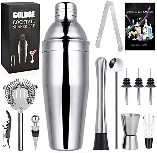 GOLDGE Coctelera Profesional 12Pcs Cocktail Kit, Cocktail Shaker Acero Inoxidable 750ml Professional Barman Kit Coctelería Juego de Bar para Mezclar Bebidas, Barra,hogar, Regalos Navidad Originales