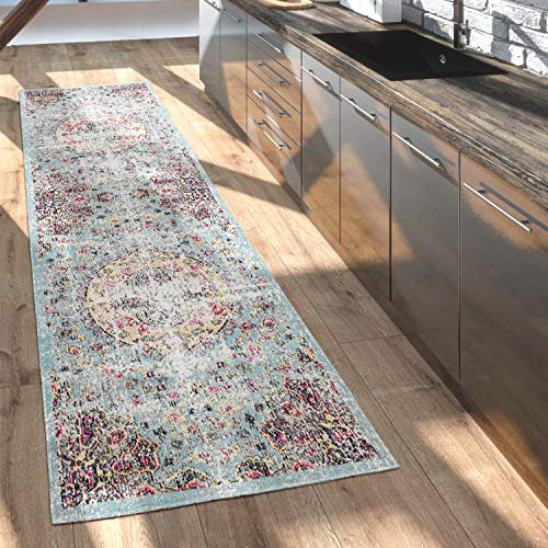 Paco Home Outdoor Teppich Balkon Terrasse Vintage Küchenteppich Orient Muster Rauten Ethno, Grösse:80x250 cm, Farbe:Bunt