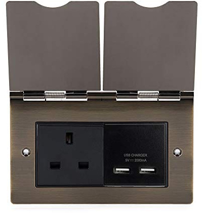 Soho Lighting Antique Brass Screwless Double Floor Outlet 13Amp Plug Socket & USB Charger for Hotels, Offices, Homes