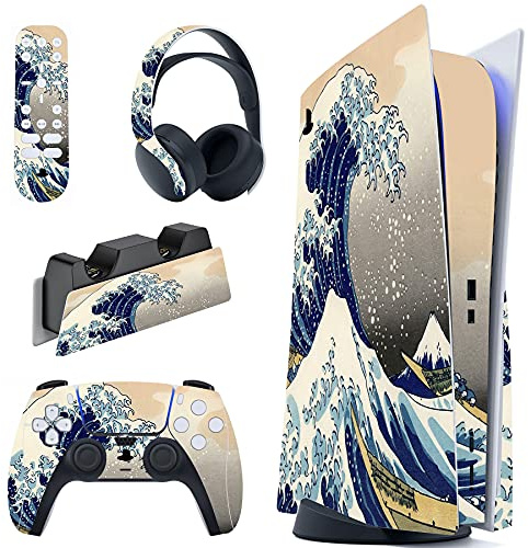 playvital Autocollant Protection pour ps5 Manette,Grande Vague Double Face | Sticker Skin pour ps5 Habillages Console Standard & Télécommande & Station de Charge & Casque