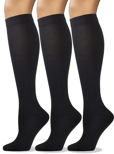 COTTON DAY Women's Soft Combed Cotton Knee High Long Calf Dress Socks Seamless Toe Shoe Size 6-9 Black