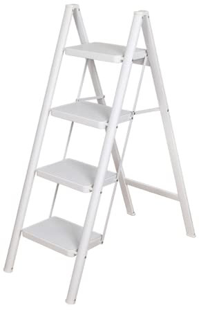 BAOYOUNI Scaletta Pieghevole Leggera e Portatile Scala Domestica 20 cm Pedale Largo Sgabello Antiscivolo Multiuso per Casa Cucina Ufficio Esterno, Portata massima 150 kg (4 Gradini, Bianco)