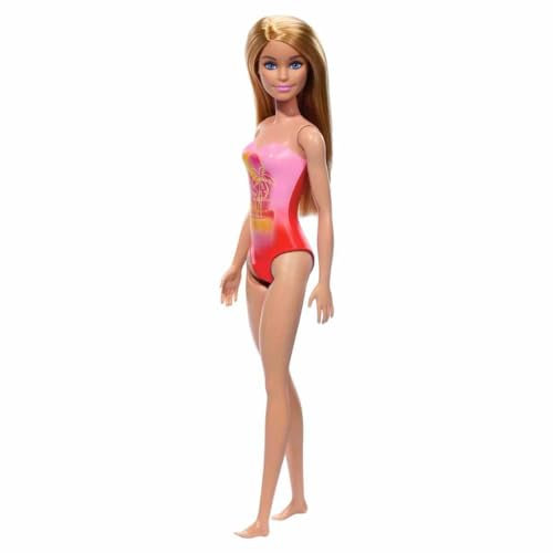 Beach Barbie Doll with Blond Hair Wearing Pink Palm Tree-Print Swimsuit
