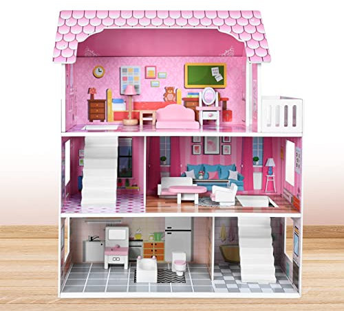 YARDIN Casa de muñecas de madera, casa de muñecas con muebles y accesorios, muñecas de casa de juguetes, casa de muñecas de madera 60×23.7×70cm 3 pisos Dollhouse para niñas, niños