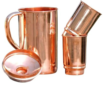 2activelife Wasserkrug aus reinem Kupfer mit 2 Kupferbechern | Kupferkrug und -becher für die gesundheitlichen Vorteile des Ayurveda