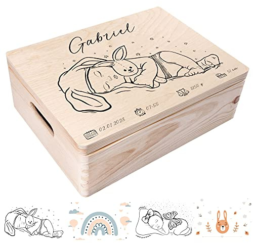 Creative Deco Erinnerungsbox Baby Personalisiert mit Namen 40 x 30 x 14 cm | Individuelle Erinnerungskiste Geschenk zur Geburt für Mädchen und Jungen | Holzkiste mit Deckel | Farbdruck