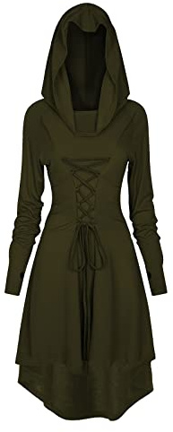 TSIRNK Vestido gótico para mujer, ropa medieval para mujer, disfraz de Halloween, renacimiento, vestido con capucha para Halloween, carnaval (verde militar, S)