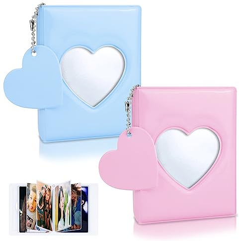 CIOUYAOS 2pcs Kpop Photocard Binder Fotoalbum, 3 Inch 64 Taschen Mini Herz Kpop Photo Album mit Schlüsselanhänger, Kleines Photocard Holder für Sammeln Bild Lomo Card (Rosa+Blau)