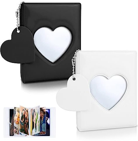 CIOUYAOS 2pcs Kpop Photocard Binder Fotoalbum, 3 Inch 64 Taschen Mini Herz Kpop Photo Album mit Schlüsselanhänger, Kleines Photocard Holder für Sammeln Bild Lomo Card (Schwarz+Weiß)