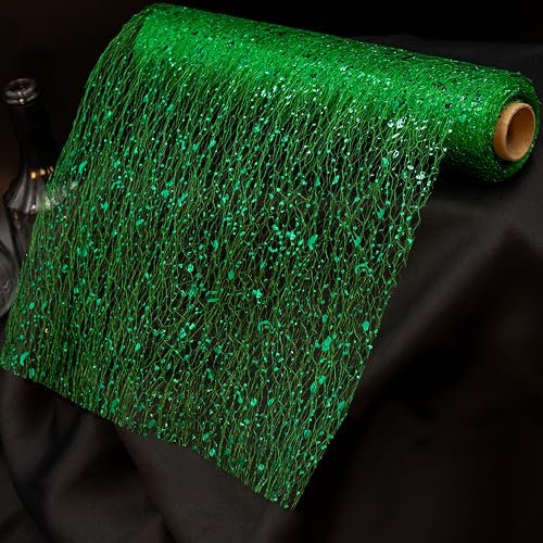 O-STOREYA Tischläufer in grün – 3 m x 29 cm Rolle, glitzernder Dekostoff in Netzoptik, zuschneidbar für Hochzeit, Party & stilvolle Tischdekoration im Alltag