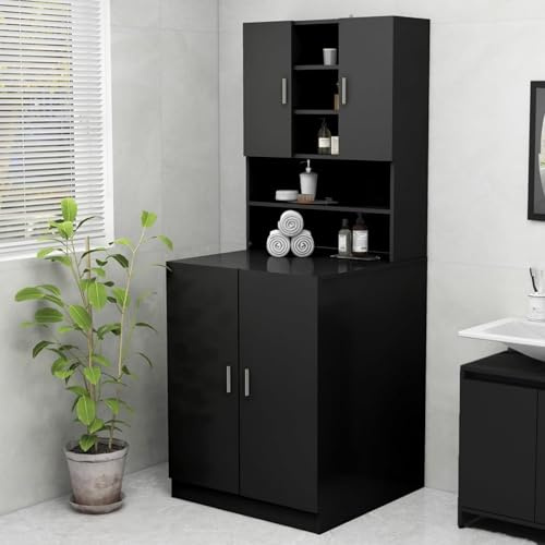 Homgoday Waschmaschinenschrank Schwarz 70,5x25,5x90 cm | Holzwerkstoff | Badezimmerregal mit 2 Türen und 9 Fächern Model808387