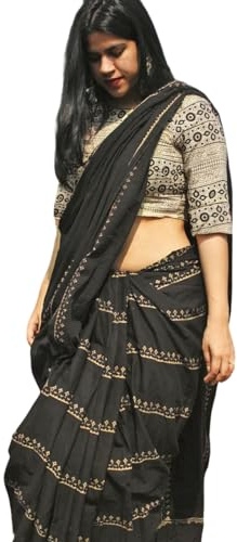 Jaanvi fashion Damen Handblockdruck Mul Baumwolle Sari mit Blusenteil, Schwarz 06