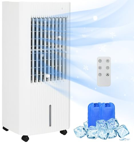 HOMCOM Portable 3-in-1 Air Cooler with 5 Litre Capacity, Oscillation, LED Display, Remote, 15 Hour Timer, Evaporative Air Cooler Fan with 3 Speeds, 3 Modes, Ice Packs, for Home Office