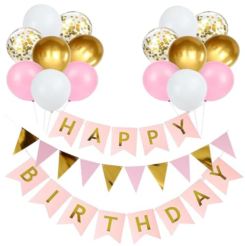 Luftballons Geburtstag Dekoration Set, rosa Gold Geburtstagsdeko Happy Birthday deko Banner Party Deko Geburtstag Set mit Luftballons Konfetti Ballons Dreiecksflaggen Girlanden（rosa+Gd+PT)